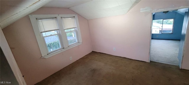 additional living space featuring lofted ceiling and carpet flooring