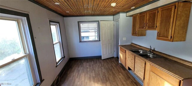 6816 Rathbun Ave, Cleveland, OH 44105 - kitchen with wood ceiling, a sink, dark countertops, brown cabinetry, and dark wood finished floors
