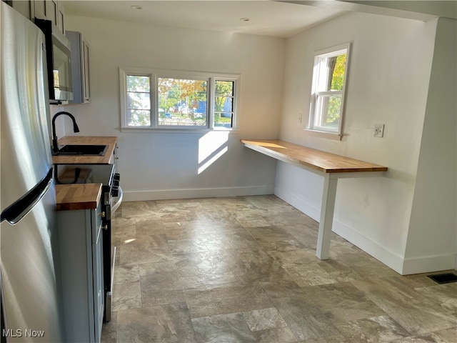 interior space with wooden counters, sink, and appliances with stainless steel finishes