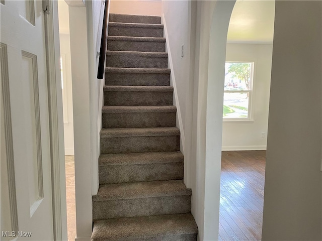 stairs featuring hardwood / wood-style flooring