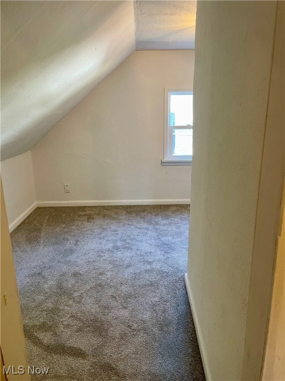 bonus room featuring a textured ceiling, lofted ceiling, and carpet floors