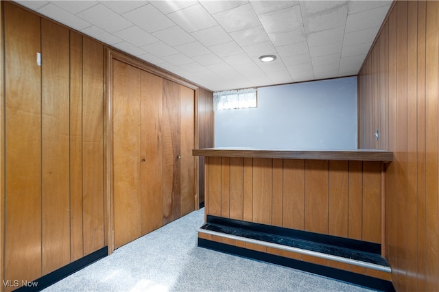 bar featuring wood walls and carpet floors