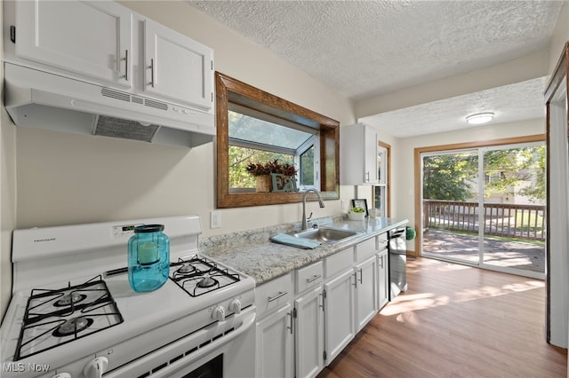 kitchen with white range with gas cooktop, white cabinetry, sink, and a wealth of natural light