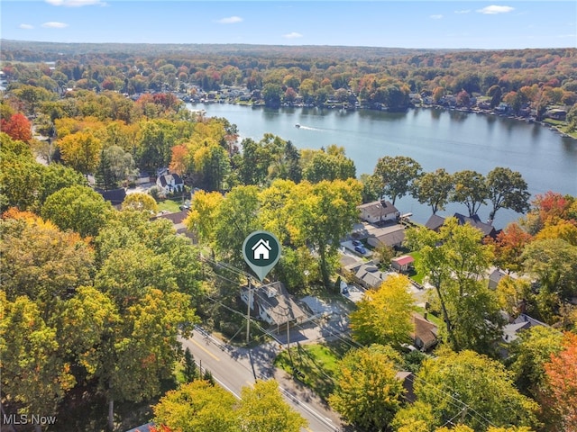 drone / aerial view featuring a water view