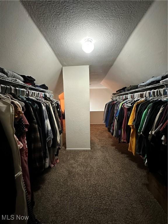 spacious closet featuring dark carpet and lofted ceiling