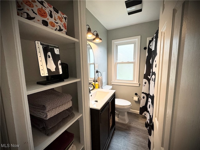 bathroom featuring hardwood / wood-style floors, vanity, and toilet