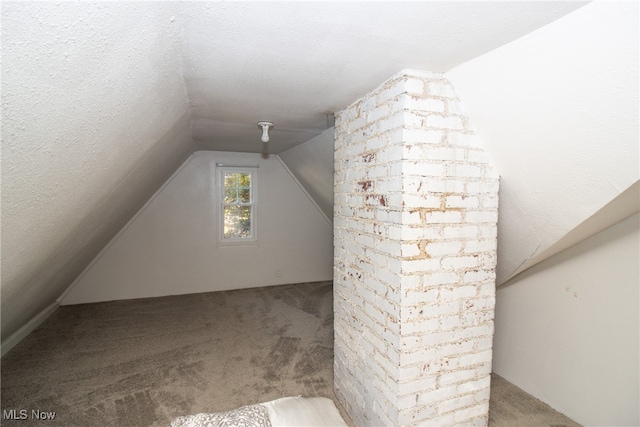 additional living space featuring lofted ceiling, carpet floors, and a textured ceiling