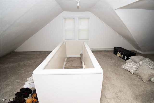 additional living space with carpet, lofted ceiling, and a baseboard heating unit