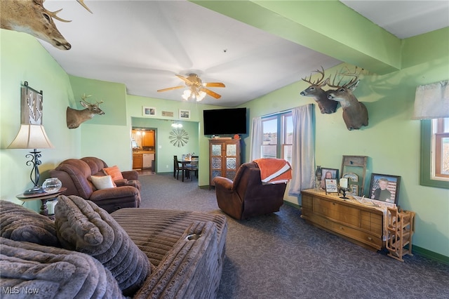 carpeted living room featuring ceiling fan and plenty of natural light