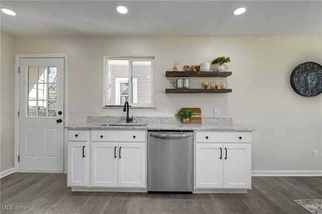 kitchen with light stone countertops, open shelves, a sink, white cabinets, and stainless steel dishwasher