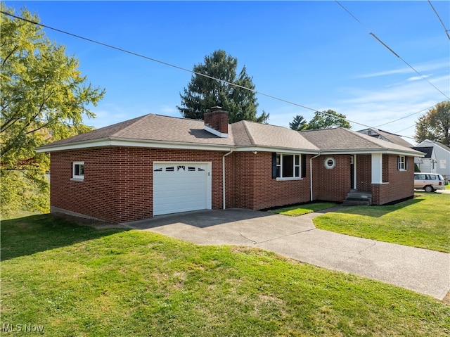 single story home with a garage and a front lawn