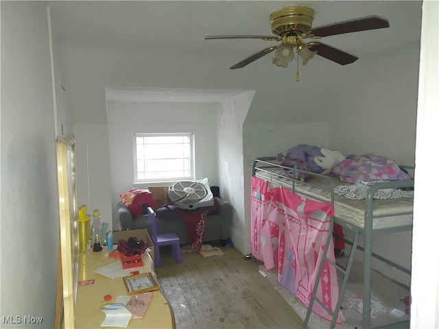 bedroom featuring ceiling fan and light hardwood / wood-style flooring