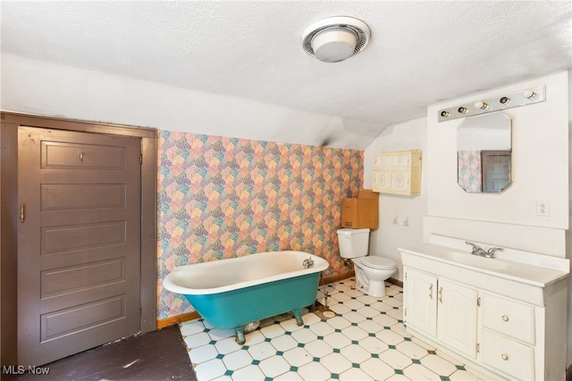 bathroom with a bathing tub, lofted ceiling, a textured ceiling, toilet, and vanity