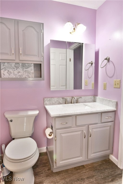 bathroom with vanity, toilet, and hardwood / wood-style flooring