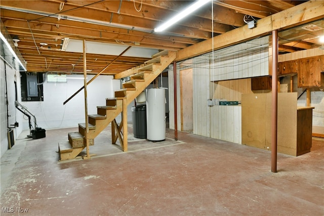 basement with water heater and electric panel