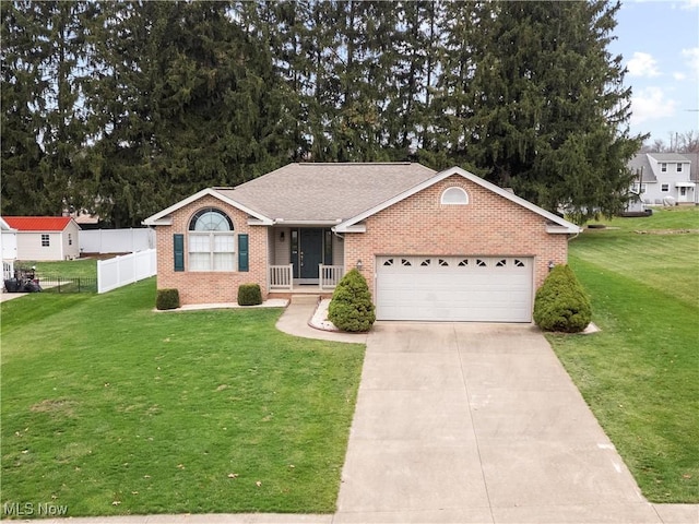 single story home featuring a front yard and a garage