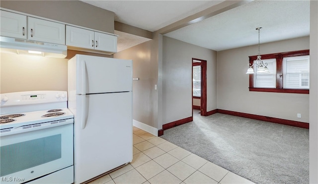 kitchen with white cabinetry, a chandelier, pendant lighting, light colored carpet, and white appliances