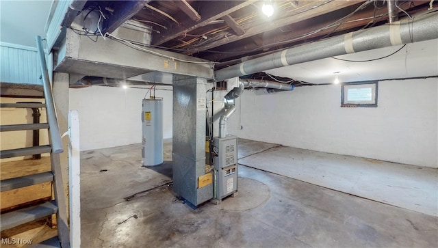 basement with heating unit and water heater