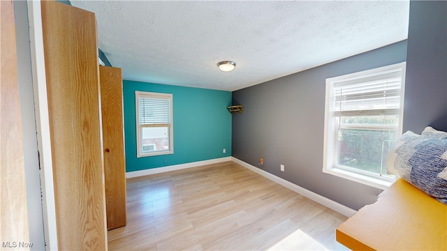 spare room featuring light hardwood / wood-style floors, a textured ceiling, and a wealth of natural light