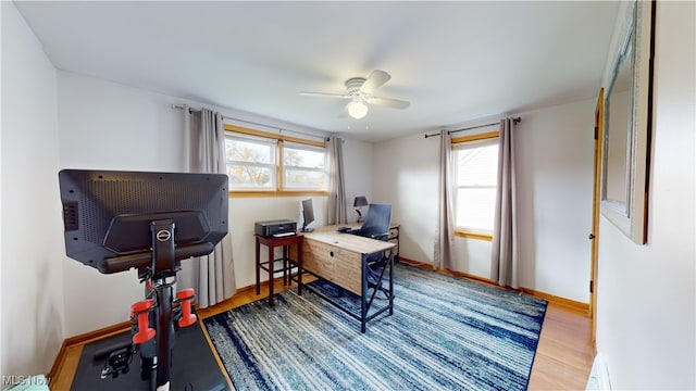 office with ceiling fan, a wealth of natural light, and hardwood / wood-style floors