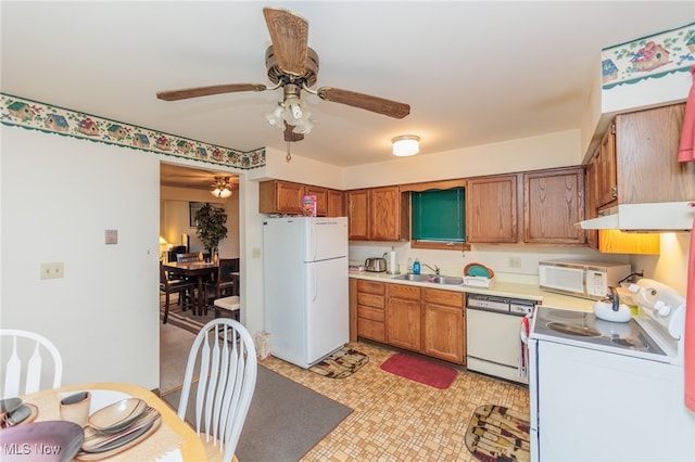 kitchen with sink, ceiling fan, white appliances, and extractor fan