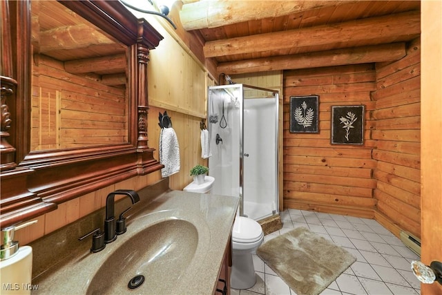 bathroom featuring wooden ceiling, a baseboard heating unit, wooden walls, tile patterned flooring, and beamed ceiling