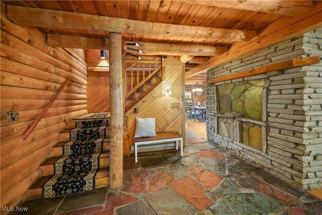 interior space with wood walls, beam ceiling, wooden ceiling, and a chandelier