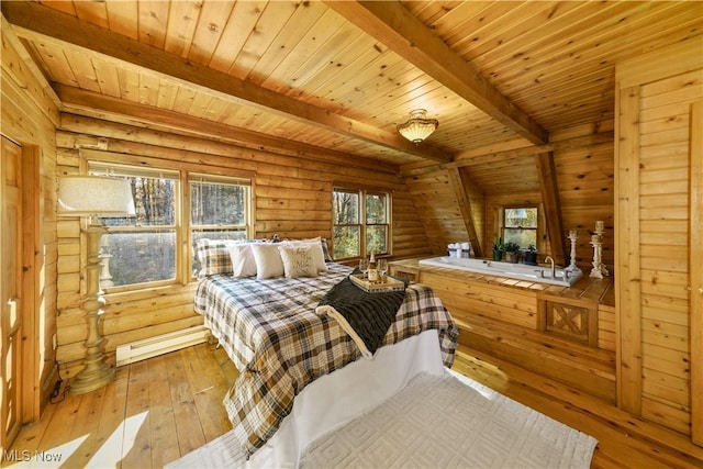 bedroom featuring light wood-type flooring, rustic walls, wood ceiling, wooden walls, and lofted ceiling with beams