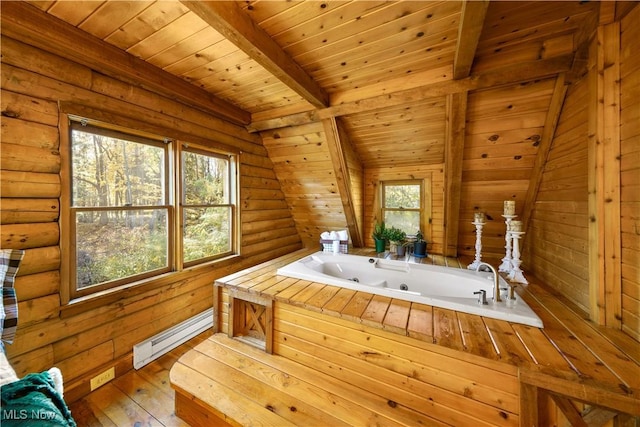 bathroom featuring wooden ceiling, a bath, lofted ceiling with beams, hardwood / wood-style flooring, and log walls