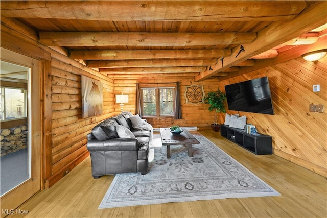 living room featuring beamed ceiling, light hardwood / wood-style floors, wood ceiling, and rustic walls