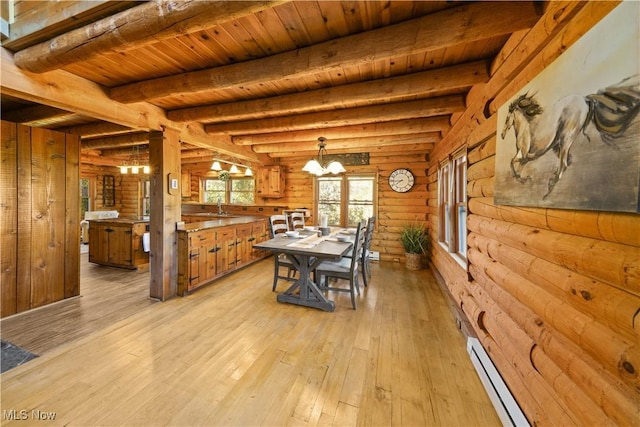 dining area featuring baseboard heating, a notable chandelier, wooden ceiling, beamed ceiling, and light hardwood / wood-style floors