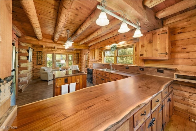 kitchen with rustic walls, sink, wooden ceiling, hanging light fixtures, and dark hardwood / wood-style floors