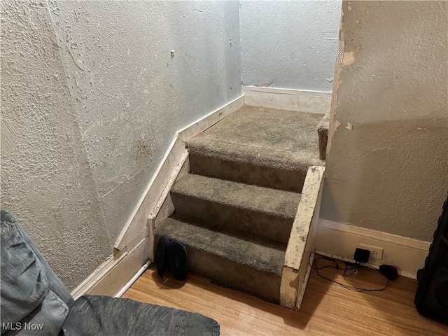 staircase with hardwood / wood-style floors