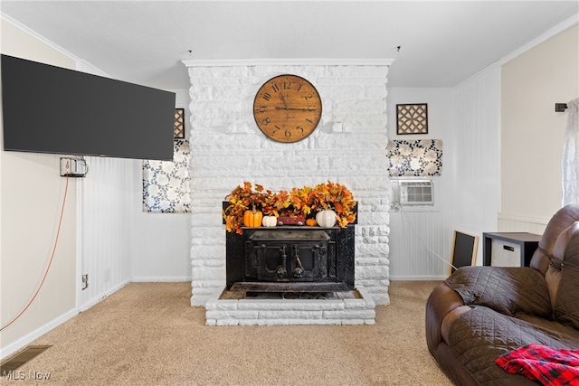 carpeted living room featuring ornamental molding and cooling unit