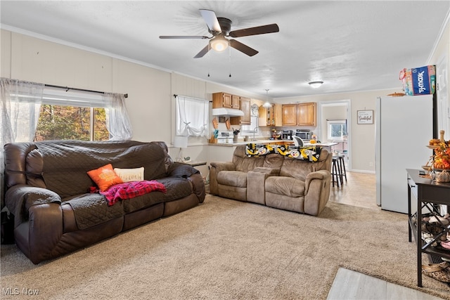 living room with crown molding, sink, light colored carpet, and ceiling fan