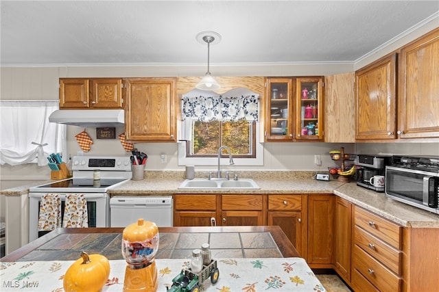 kitchen featuring crown molding, sink, hanging light fixtures, and white appliances