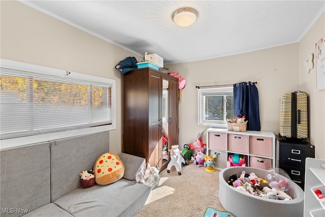 rec room featuring light carpet and crown molding