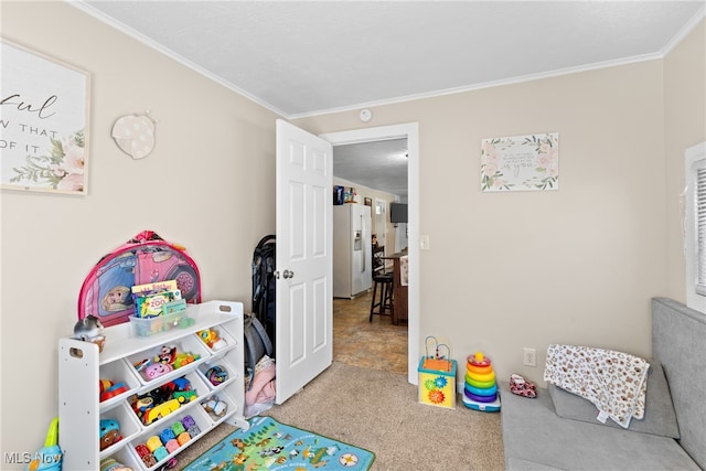 playroom with crown molding and carpet floors