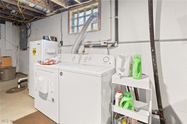 washroom featuring electric panel, washer and clothes dryer, and electric water heater