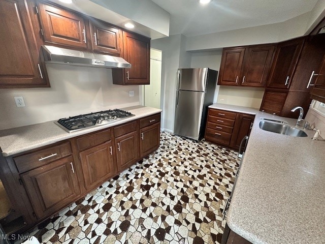 kitchen featuring stainless steel appliances, dark brown cabinetry, and sink