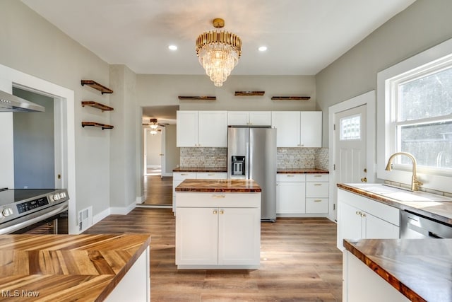 kitchen with stainless steel appliances, butcher block counters, white cabinetry, sink, and light hardwood / wood-style flooring