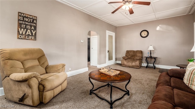 living room featuring carpet flooring and ceiling fan