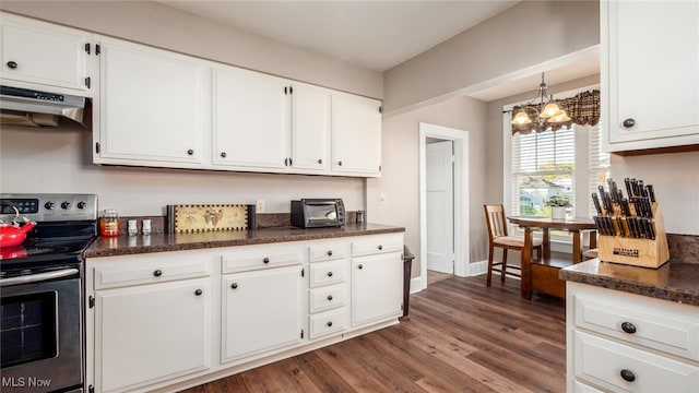 kitchen with range hood, white cabinetry, stainless steel range with electric cooktop, and wood-type flooring