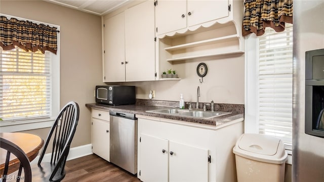 kitchen featuring stainless steel dishwasher, sink, white cabinetry, and dark hardwood / wood-style floors