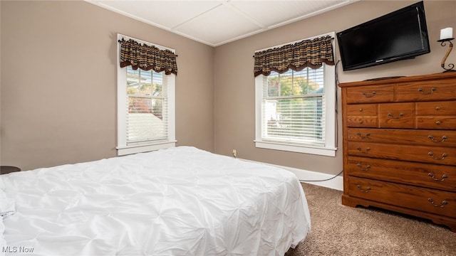 bedroom featuring light carpet and multiple windows