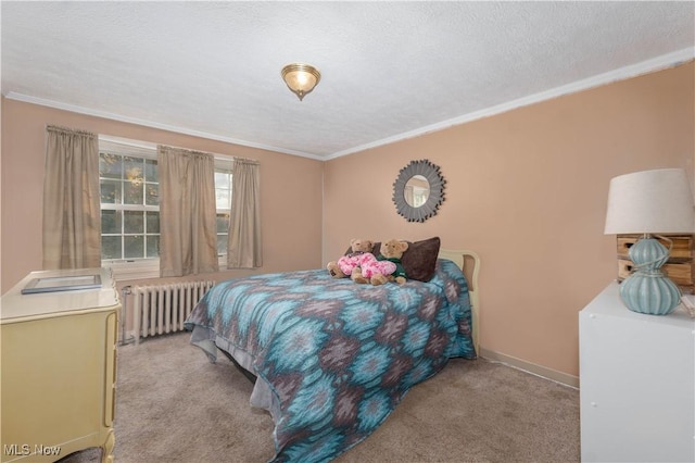 bedroom featuring ornamental molding, radiator, light carpet, and a textured ceiling