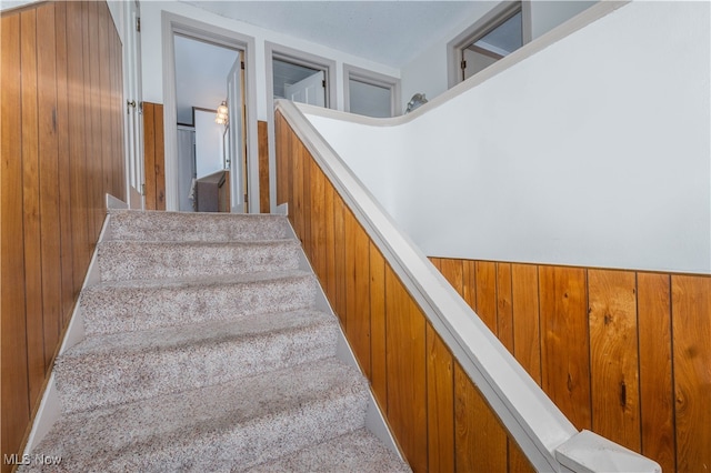 staircase with wood walls and carpet flooring