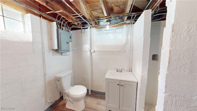 bathroom featuring vanity, toilet, wood-type flooring, and electric panel