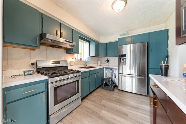 kitchen featuring tasteful backsplash, a textured ceiling, light hardwood / wood-style flooring, sink, and stainless steel appliances