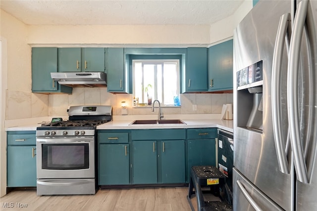 kitchen featuring tasteful backsplash, appliances with stainless steel finishes, sink, a textured ceiling, and light hardwood / wood-style flooring